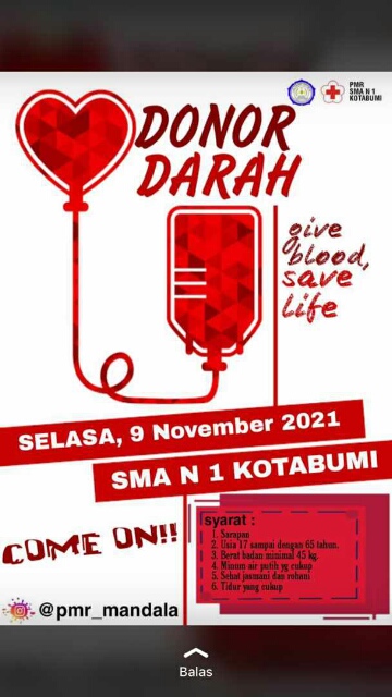 Ayo Donor Darah di SMAN 1 Kotabumi , Selasa 09 Oktober 2021 Ayo Donor Darah di SMAN 1 Kotabumi , Selasa 09 Oktober 2021