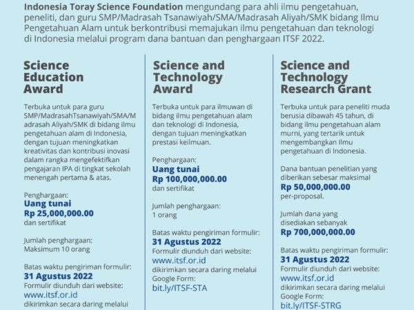 Penawaran Indonesia Toray Science Foundation (ITSF) Tahun 2022 Penawaran Indonesia Toray Science Foundation (ITSF) Tahun 2022