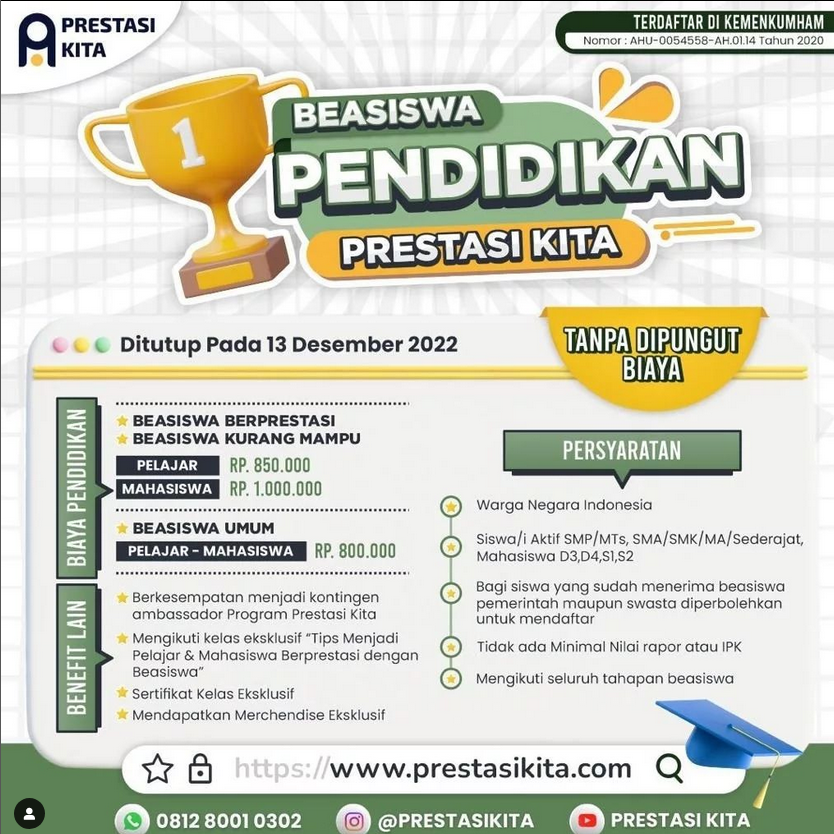 Prestasi Kita Membuka Beasiswa Program Bagi Pelajar dan Mahasiswa “Beasiswa Pendidikan Prestasi Kita”