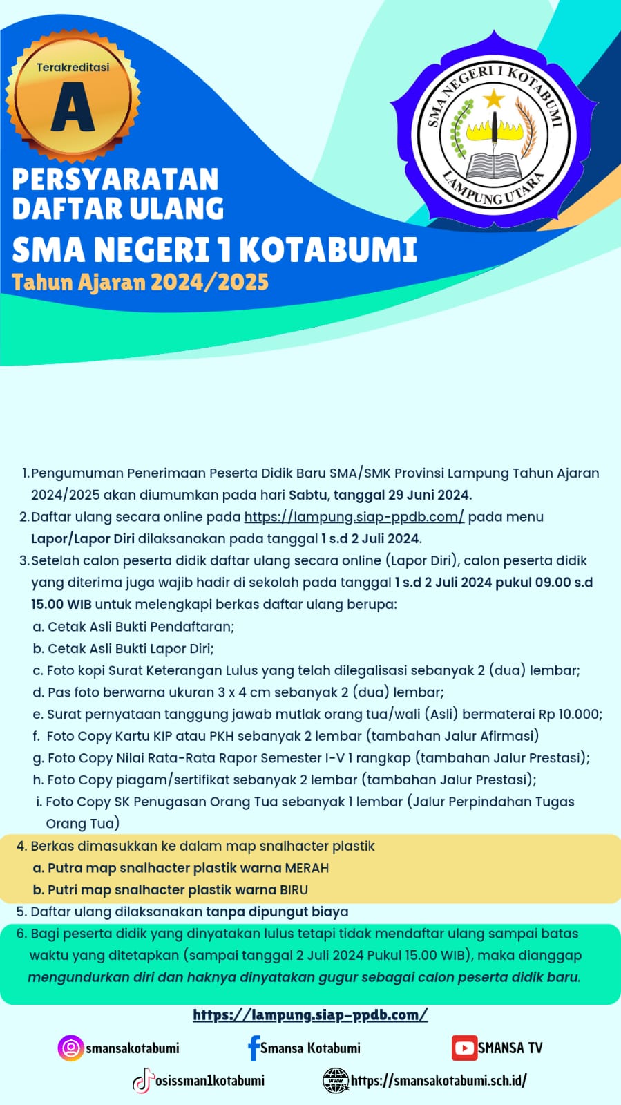 Persyaratan Daftar Ulang Bagi Siswa/i Baru T.A. 2024/2025