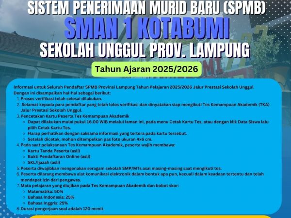 Pengumuman Penerimaan Siswa Baru (SPMB) Provinsi Lampung Tahun Pelajaran 2025/2026 melalui Jalur Prestasi Sekolah Unggul