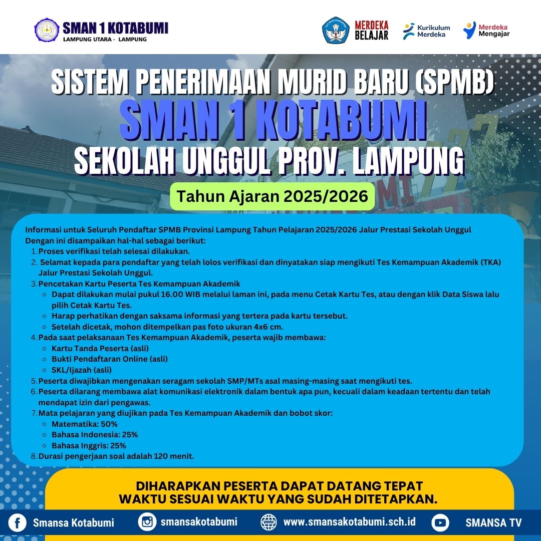 Pengumuman Penerimaan Siswa Baru (SPMB) Provinsi Lampung Tahun Pelajaran 2025/2026 melalui Jalur Prestasi Sekolah Unggul