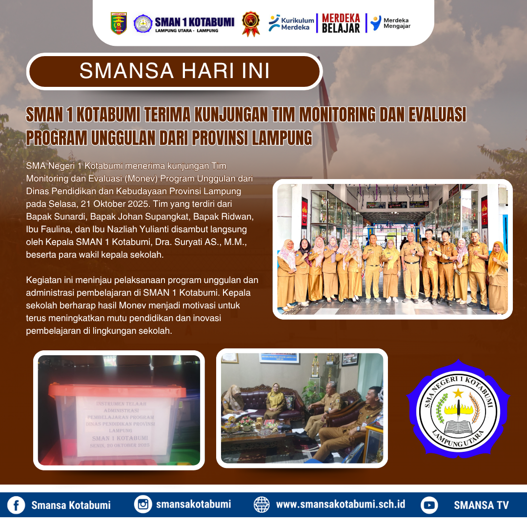 SMAN 1 Kotabumi Terima Kunjungan Tim Monitoring dan Evaluasi Program Unggulan dari Provinsi Lampung SMAN 1 Kotabumi Terima Kunjungan Tim Monitoring dan Evaluasi Program Unggulan dari Provinsi Lampung