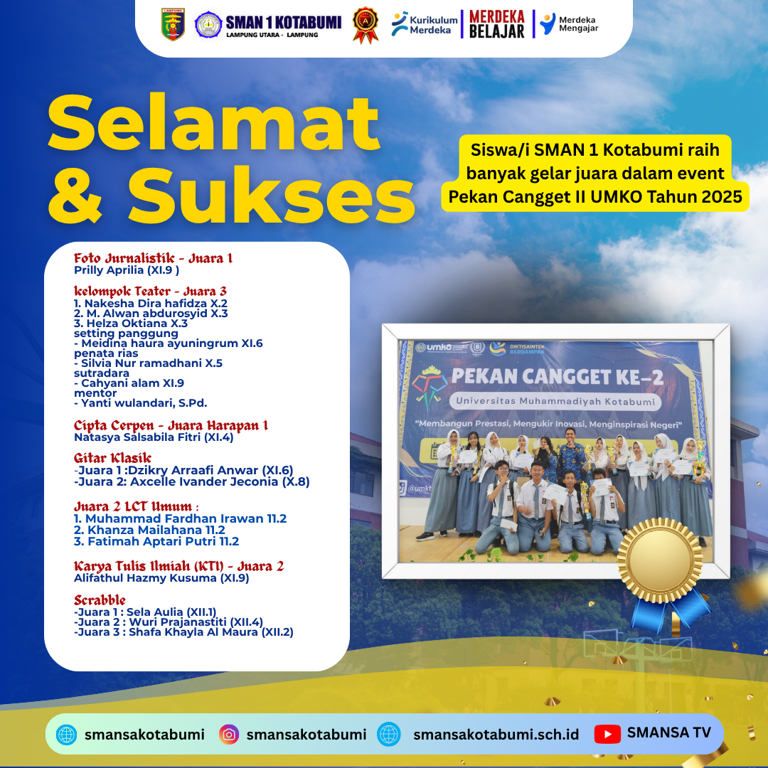 SMA Negeri 1 Kotabumi Raih Sejumlah Juara dalam Pekan Cangget 2 Universitas Muhammadiyah Kotabumi 2025 SMA Negeri 1 Kotabumi Raih Sejumlah Juara dalam Pekan Cangget 2 Universitas Muhammadiyah Kotabumi 2025